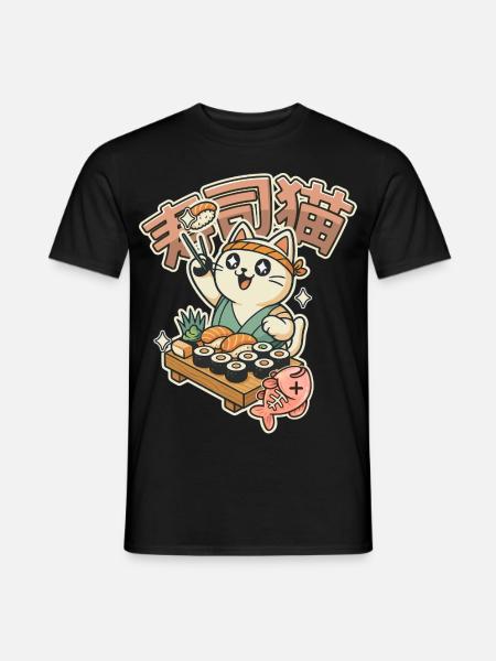 Happy Sushi Chef Cat - Men's T-Shirt - black