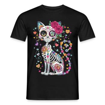 Sugar Skull Cat – Día de los Muertos - Mænd T-shirt - sort - Foran - AI Model Male 178 light (178cm)