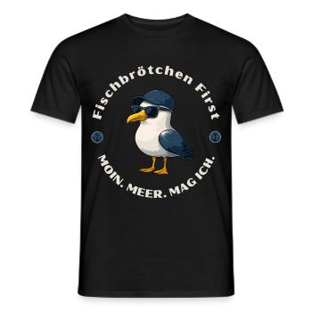 Fish Roll First - Seagull with Cap and Humor - Men's T-Shirt - black - Front - AI Model Male 178 light (178cm)