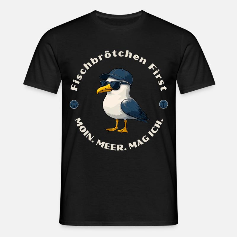 Fischbrötchen First - Möwe mit Cap und Humor - Männer T-Shirt - Schwarz