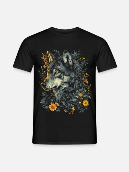 Wolf Wolfskopf Blumen Pflanzen Natur Wildnis Kunst - Männer T-Shirt - Schwarz