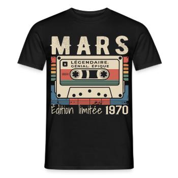 Anniversaire 1970 Mars 1970 né en Mars 1970 - T-shirt homme - noir - Devant - AI Model Male 178 light (178cm)