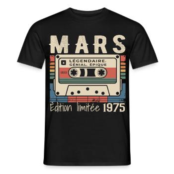 Anniversaire 1975 Mars 1975 né en Mars 1975 - T-shirt homme - noir - Devant - AI Model Male 178 light (178cm)