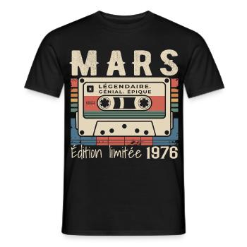 Anniversaire 1976 Mars 1976 né en Mars 1976 - T-shirt homme - noir - Devant - AI Model Male 178 light (178cm)