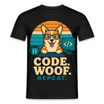 Code Woof Programmeur Répétition Corgi - T-shirt homme - noir - Devant - AI Model Male 178 light (178cm)