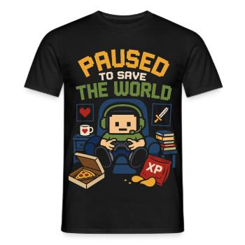 Paused to Save the World – Gamer Spruch - Männer T-Shirt - Schwarz - Vorne - AI Model Male 178 light (178cm)