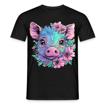 Niedliches Pastell Schwein mit Blumen - Männer T-Shirt - Schwarz - Vorne - AI Model Male 178 light (178cm)