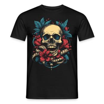 Tropical skull with flowers - Men's T-Shirt - black - Front - AI Model Male 178 light (178cm)