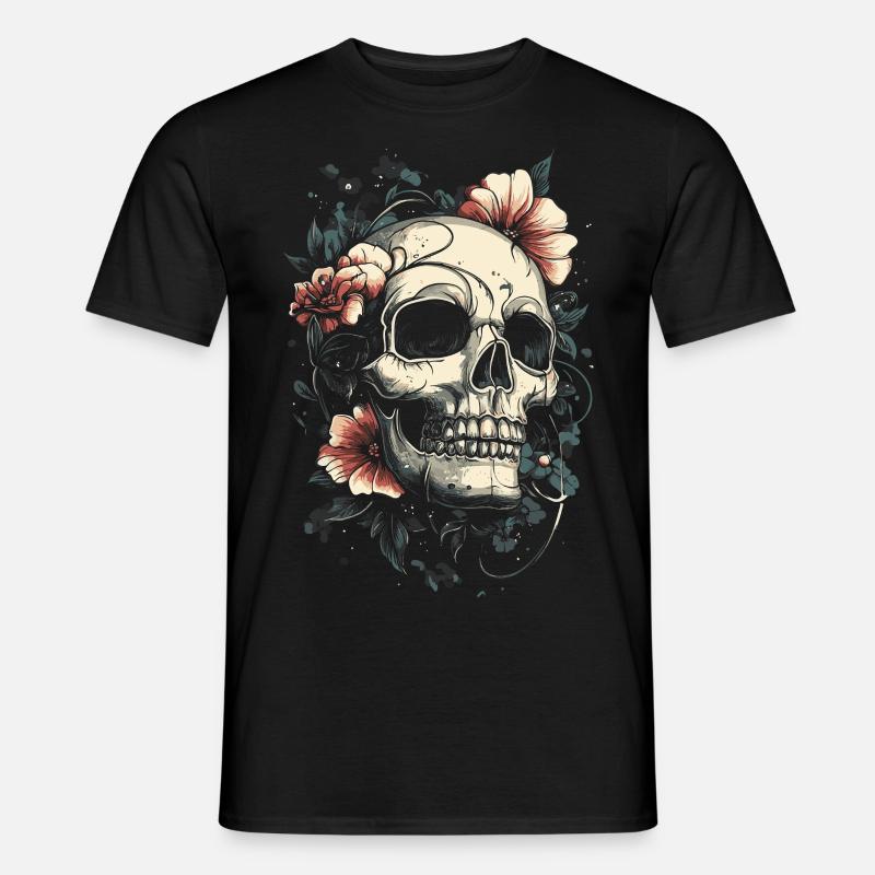 Schädel mit Blumen Tattoo-Stil - Männer T-Shirt - Schwarz