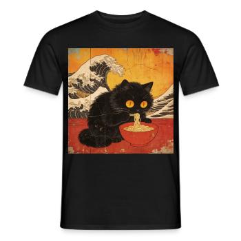 Japan Cat Ramen Noodles Retro Wave Pattern - Men's T-Shirt - black - Front - AI Model Male 178 light (178cm)