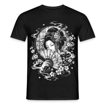 Geisha japonaise avec éventail dans le style tatoué - T-shirt homme - noir - Devant - AI Model Male 178 light (178cm)
