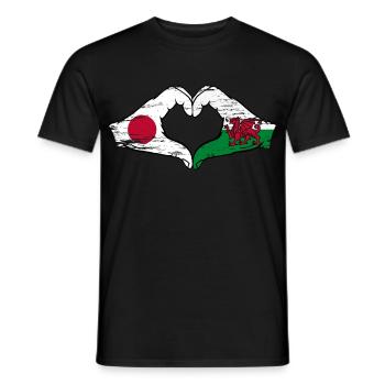Japon Pays de Galles drapeau mains forme de coeur utilisé - T-shirt homme - noir - Devant - AI Model Male 178 light (178cm)