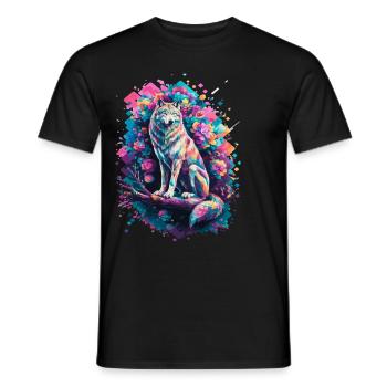 Loup coloré avec des fleurs et des formes géométriques - T-shirt homme - noir - Devant - AI Model Male 178 light (178cm)