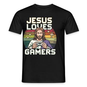Jesus Liebt Gamer Bunte Retro Kunst Mit - Männer T-Shirt - Schwarz - Vorne - AI Model Male 178 light (178cm)