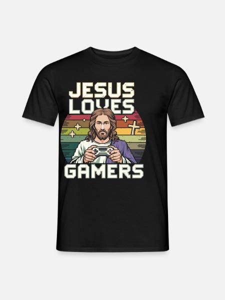 Jesus Liebt Gamer Bunte Retro Kunst Mit - Mænd T-shirt - sort