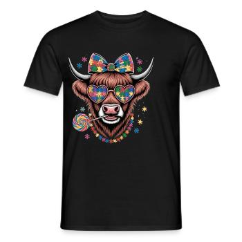 Colorful puzzle cow with sunglasses and bow - Men's T-Shirt - black - Front - AI Model Male 178 light (178cm)