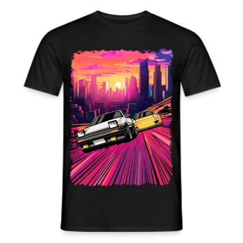 Neon City Car Chase Illustration - Men's T-Shirt - black - Front - AI Model Male 178 light (178cm)