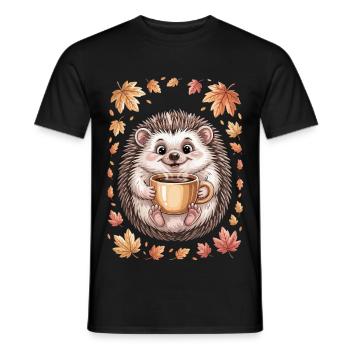 Herbstlicher Igel mit Kaffeebecher - Männer T-Shirt - Schwarz - Vorne - AI Model Male 178 light (178cm)