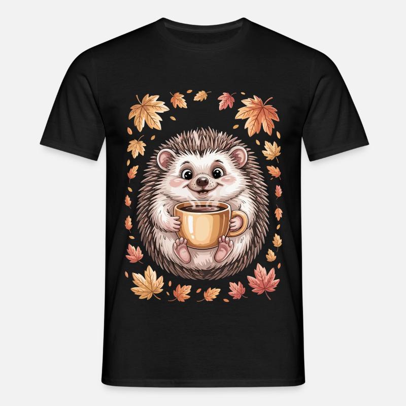 Herbstlicher Igel mit Kaffeebecher - Männer T-Shirt - Schwarz