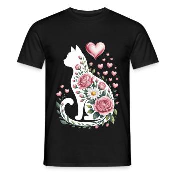 Blumenkatze Silhouette Rosen Herzen - Männer T-Shirt - Schwarz - Vorne - AI Model Male 178 light (178cm)