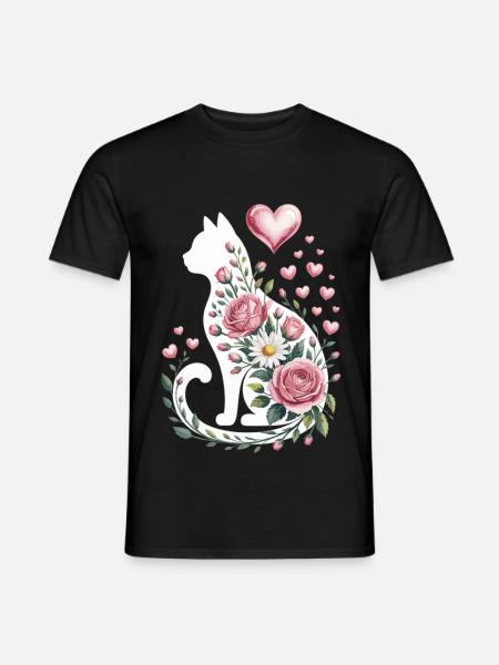Fleur Chat Silhouette Roses Coeurs - T-shirt homme - noir