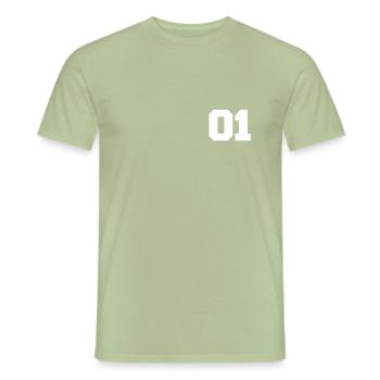 01 Écriture de maillot - T-shirt homme - vert sauge - Devant - AI Model Male 178 light (178cm)