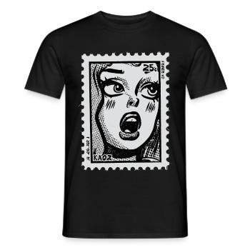 Comic Woman in Shock – Pop Art Postage Stamp - Men's T-Shirt - black - Front - AI Model Male 178 light (178cm)