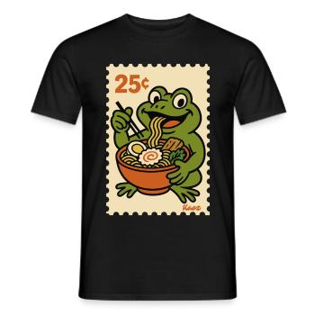 Happy frog with ramen on postage stamp - Men's T-Shirt - black - Front - AI Model Male 178 light (178cm)