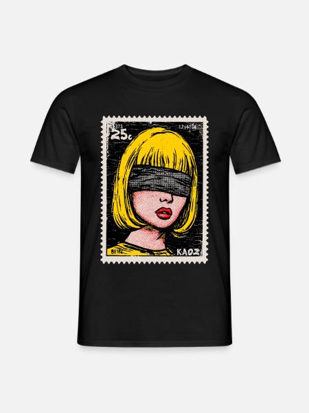 Femme avec bandeau sur les yeux en timbre pop art - T-shirt homme - noir