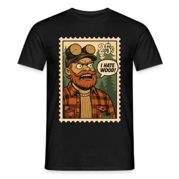 Angry lumberjack with saying: "I hate wood!" - Men's T-Shirt - black - Front - AI Model Male 178 light (178cm)