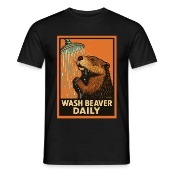 Beaver in shower with funny saying - Men's T-Shirt - black - Front - AI Model Male 178 light (178cm)