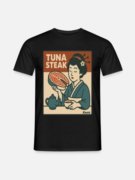 Gejsza ze stekiem z tuńczyka w stylu retro japońskim - T-shirt męski - czarny
