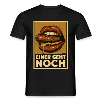 Sausage with sauce and saying "One more goes" - Men's T-Shirt - black - Front - AI Model Male 178 light (178cm)