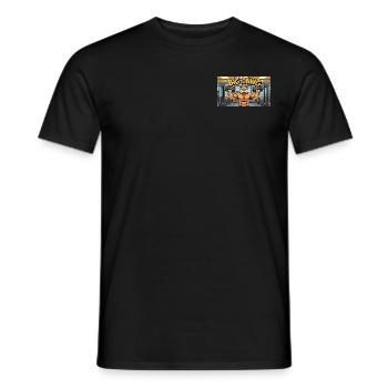 A funny cartoon style dog lifting dumbbells at - Men's T-Shirt - black - Front - AI Model Male 178 light (178cm)
