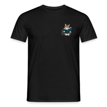 Getigerte Katze liest ein riesiges Buch - Männer T-Shirt - Schwarz - Vorne - AI Model Male 178 light (178cm)