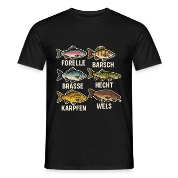 Vue d’ensemble des espèces de poissons – Conception de pêcheur à la truite - T-shirt homme - noir - Devant - AI Model Male 178 light (178cm)