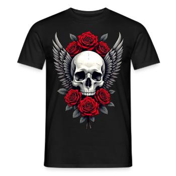 Geflügelter Totenkopf & rote Rosen, Gothic, Totenkopf - Männer T-Shirt - Schwarz - Vorne - AI Model Male 178 light (178cm)