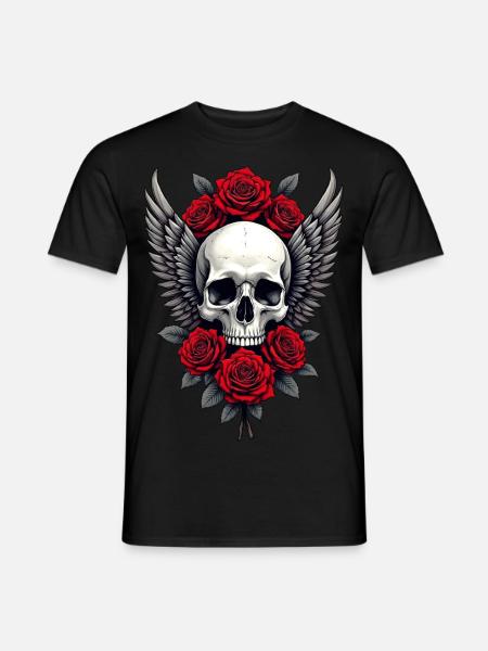 Tête de mort ailée & roses rouges, gothique, crâne - T-shirt homme - noir