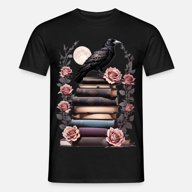 Bücherstapel mit Rabe - Männer T-Shirt - Schwarz