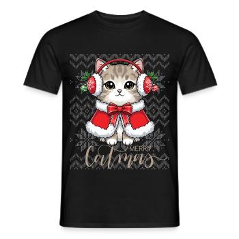 Chat Noël avec écouteurs rouges et cape - T-shirt homme - noir - Devant - AI Model Male 178 light (178cm)
