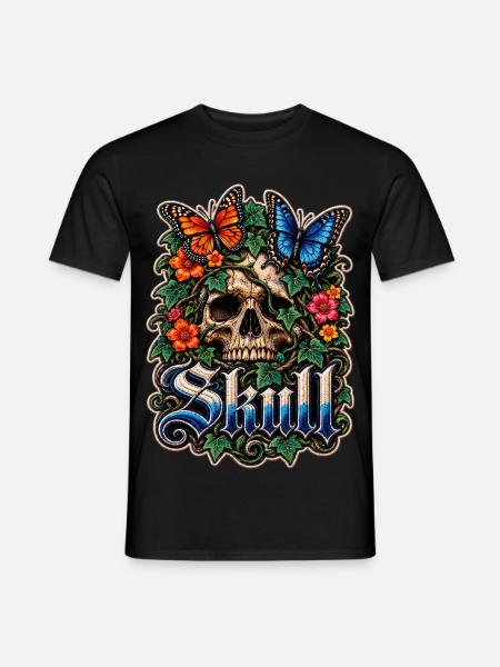 Blumen-Schädel mit Schmetterlingen - Männer T-Shirt - Schwarz