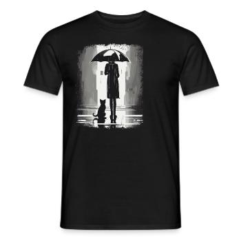 Woman and cat waiting under umbrella in the rain - Men's T-Shirt - black - Front - AI Model Male 178 light (178cm)