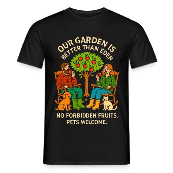 UNSER GARTEN IST BESSER ALS EDEN KEINE VERBOTENEN FRÜCHTE - Männer T-Shirt - Schwarz - Vorne - AI Model Male 178 light (178cm)