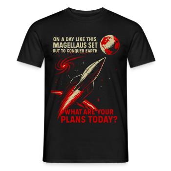 Retro Weltraum Poster - Magellaus erobert die Erde - Männer T-Shirt - Schwarz - Vorne - AI Model Male 178 light (178cm)