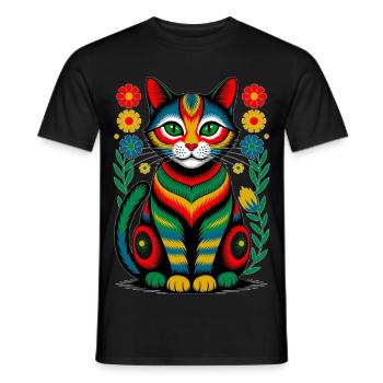 Folk Cat – L’âme colorée de la nature - T-shirt homme - noir - Devant - AI Model Male 178 light (178cm)