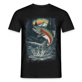 Jumping rainbow trout – retro angler motif - Men's T-Shirt - black - Front - AI Model Male 178 light (178cm)