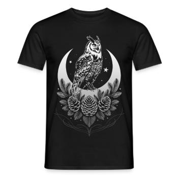 Owl with crescent moon, fir tree and cone - Men's T-Shirt - black - Front - AI Model Male 178 light (178cm)