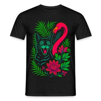 Tropical Cat & Flamingo - Summer 2025 - Men's T-Shirt - black - Front - AI Model Male 178 light (178cm)
