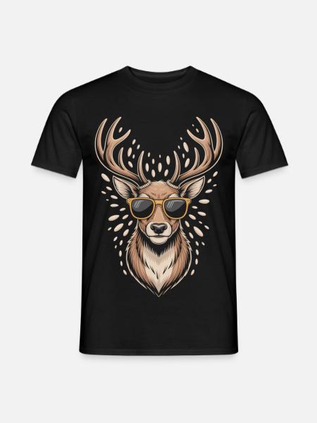 Hirsch mit Geweih und Sonnenbrille - Männer T-Shirt - Schwarz