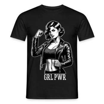 Strong Woman GRL PWR Rockabilly Leather Jacket Gift - Men's T-Shirt - black - Front - AI Model Male 178 light (178cm)
